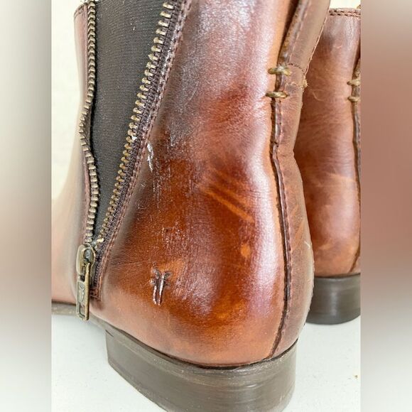 Frye Carly Chelsea Western distressed Bootie in brown with exposed zipper  8 - Picture 7 of 13